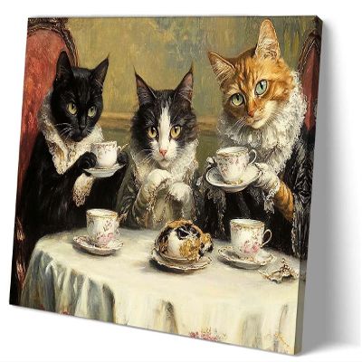 Luosucsf Tea Party Cat Painting Wall Art Dark Academia Decor, Vintage Cottagecore Poster Decoration Picture for Bedroom Canvas Bathroom Wall Prints (white,0812)