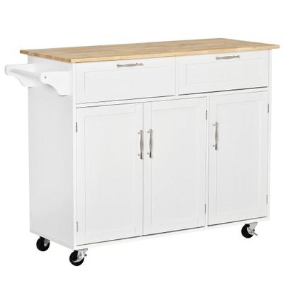 Mobile Kitchen Island with Storage, Kitchen Cart with Wood Top, Storage Drawers, 3 Door Cabinets, Adjustable Shelves and Towel Rack, White