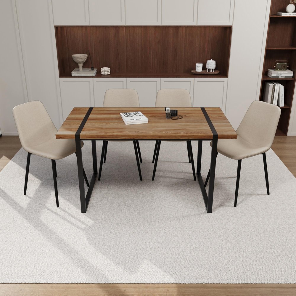 59" Natural Wood Dining Table and Dining Chair 4 Set, Wooden Kitchen Dining Table Set, Rectangular Metal Base, Dining Table and Suede Chair