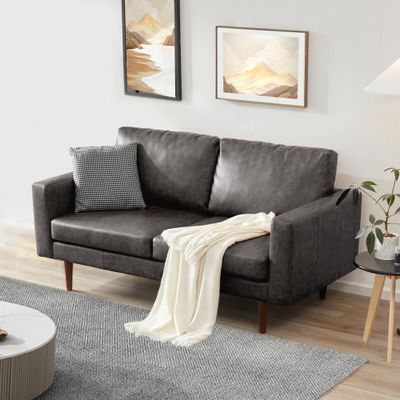65'' Faux Leather Sofas for Living Room, Black Couch Loveseat Small Spaces Bedroom with Solid Wooden e and Padded Cushion, Mid Century Modern Decor Love Seats Furniture, Black