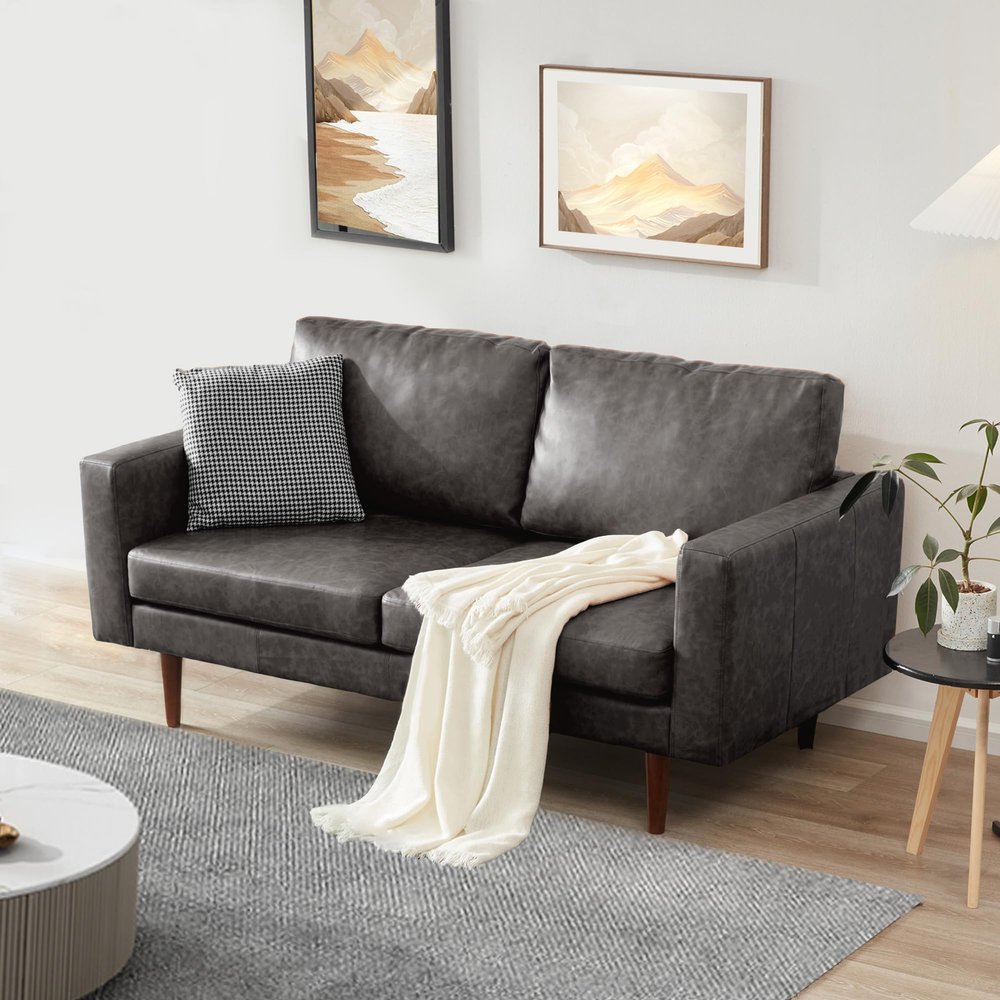 65'' Faux Leather Sofas for Living Room, Black Couch Loveseat Small Spaces Bedroom with Solid Wooden e and Padded Cushion, Mid Century Modern Decor Love Seats Furniture, Black