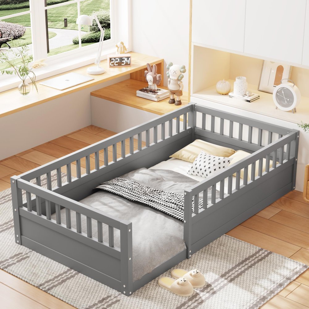 Twin Floor Bed Frame with Fence, Wood Floor Beds Frame for Bedroom Playroom,Gray