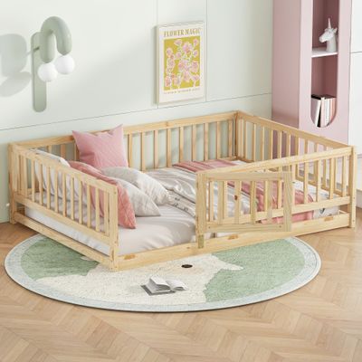 Full Size Floor Bed, Montessori Floor Bed with Fence and Door, Montessori Bed Full Size, Wood Montessori Floor Bed for Kids, Girls, Boys(Full Natural)