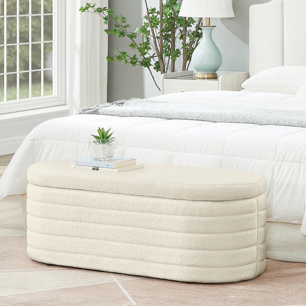 Modern Oval Storage Ottoman Bench, Upholstered Boucle Teddy Fabric End of Bed Bench with Storage, End of Bed Stool with Safety Hinge for Bedroom, Living Room, Entryway, Cream