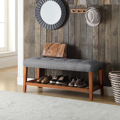 Gray Fabric Oak Bench
