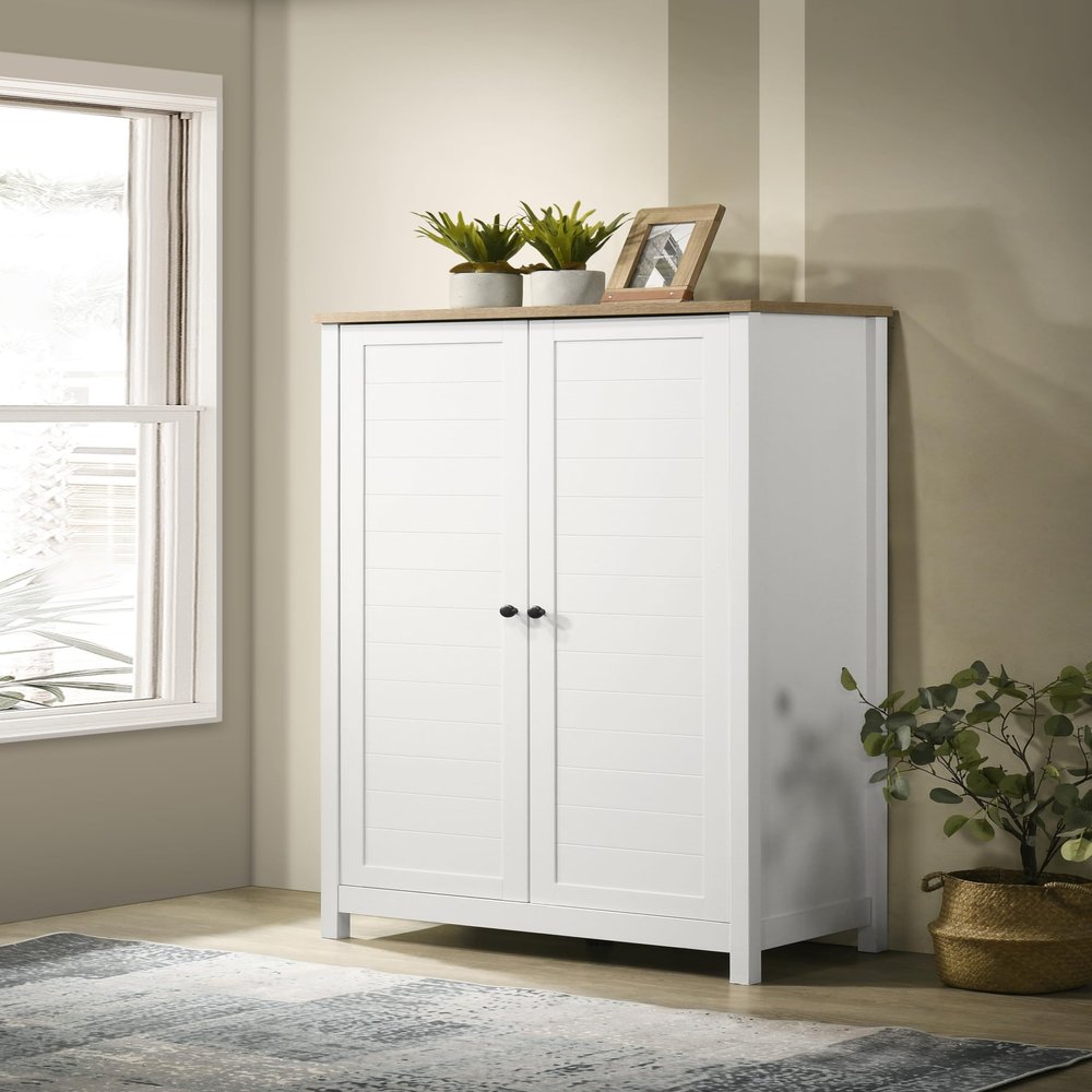 35" White Storage Cabinet with Oak Accent and ed Slatted Panel Design