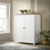 35" White Storage Cabinet with Oak Accent and ed Slatted Panel Design view 1