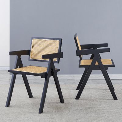 2 Dining Chairs, Black, Using Rubber Wood Solid Wood Production, Rattan Weaving Process, armrest Solid Wood Dining Chair, Living Room Chair, Simple and Natural