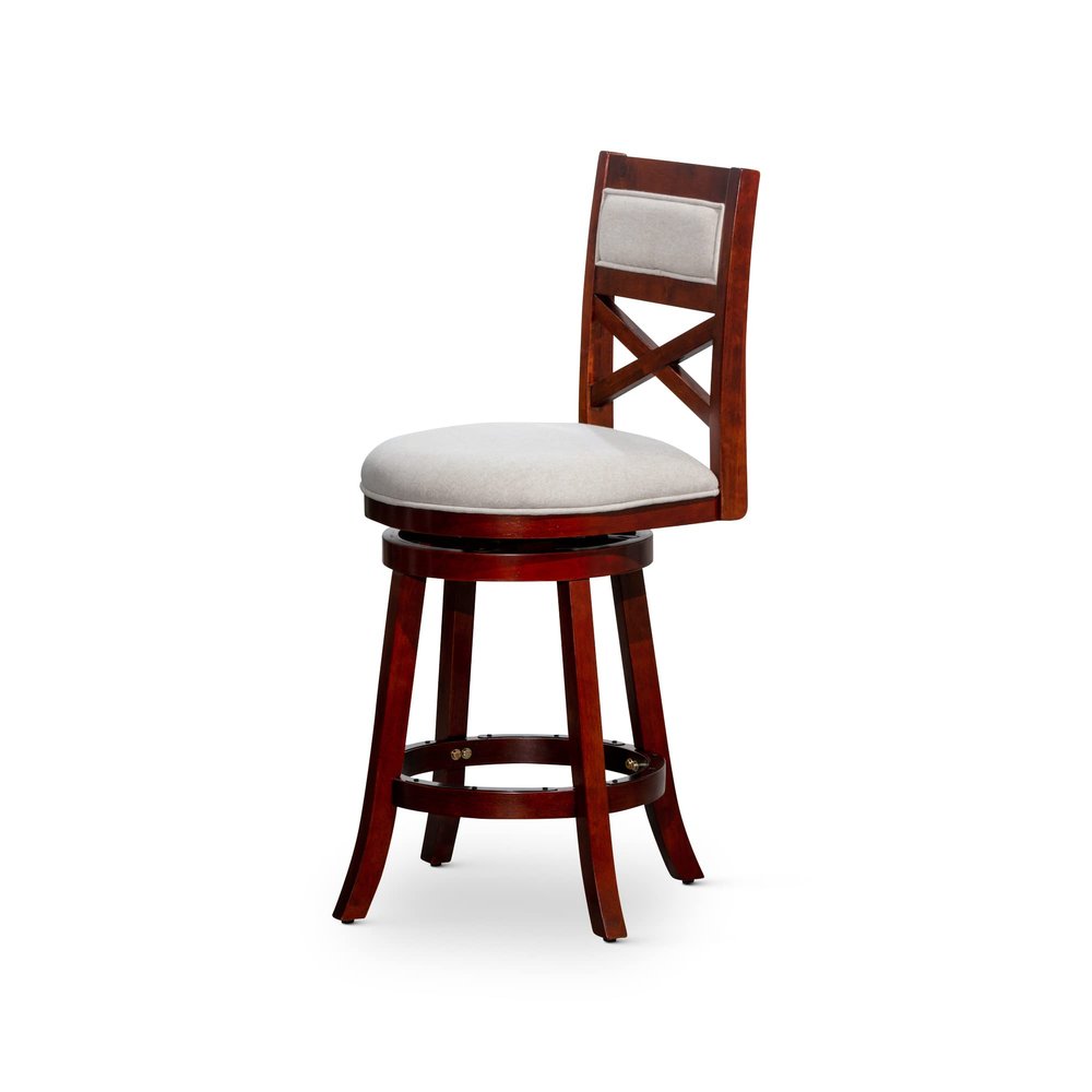 30" Bar Height X Back Swivel Stool, Cherry, Beige Fabric Seat