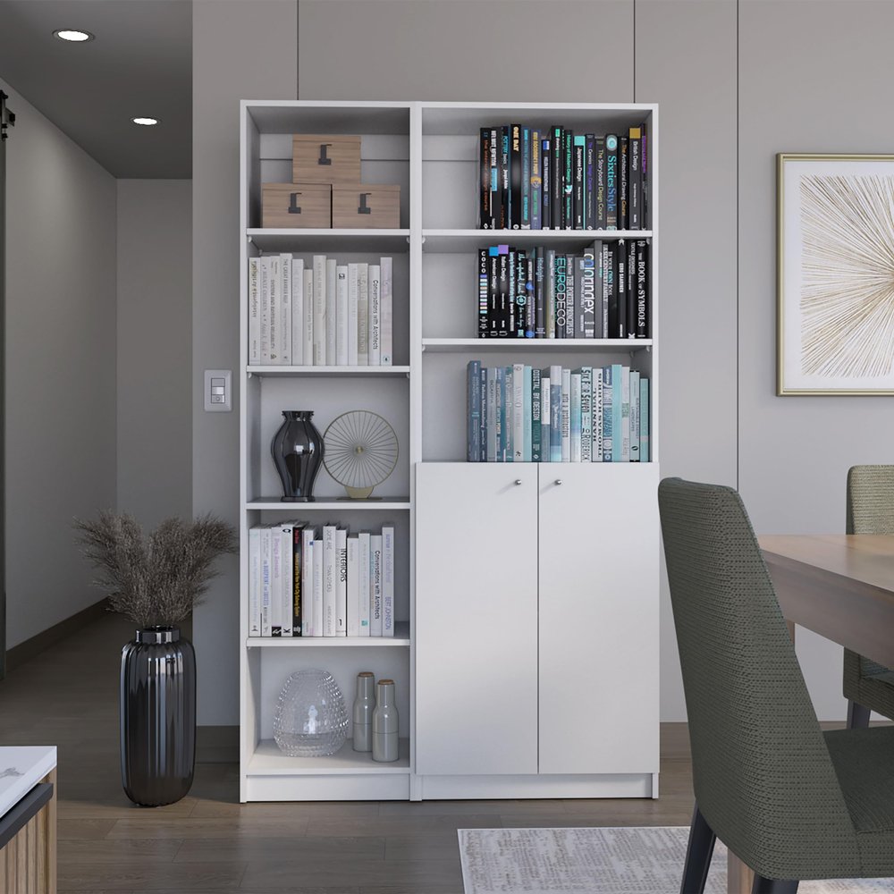 2 2 Home Bookcase Set, 42" Wide with 8 Shelves and Double Door Cabinet, Living Room Set White