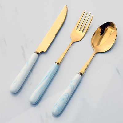 12-PIECE Ceramic Handle Flatware Set Forks and Spoons Silverware Set Mirror Polish Cutlery,Food Grade Stainless Steel,Dishwasher Safe for Family & Friends Dinner,Service for 3(Blue&Gold)