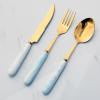 12-PIECE Ceramic Handle Flatware Set Forks and Spoons Silverware Set Mirror Polish Cutlery,Food Grade Stainless Steel,Dishwasher Safe for Family & Friends Dinner,Service for 3(Blue&Gold) view 1