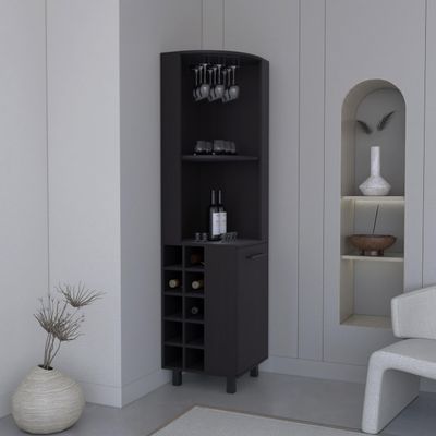 70" Tall Corner Bar Cabinet with Four Shelves, Ten Wine Bottle Cubbies and Stemware in Black