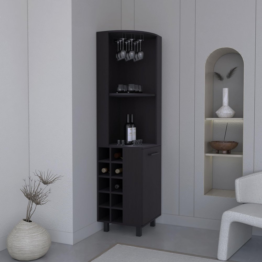 70" Tall Corner Bar Cabinet with Four Shelves, Ten Wine Bottle Cubbies and Stemware in Black