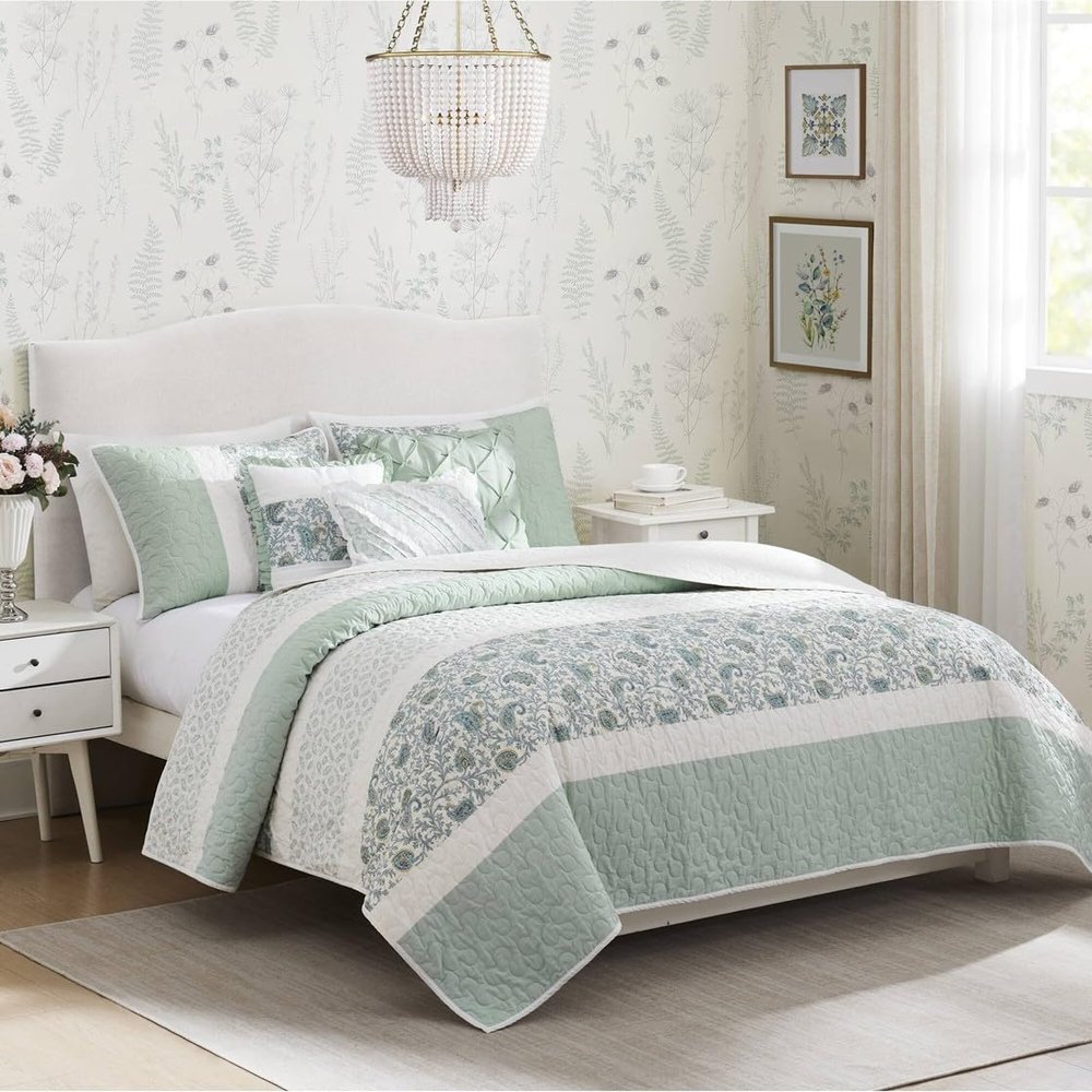 6 Pcs Cotton Percale Quilt Set with Throw Pillows Aqua Full,Queen