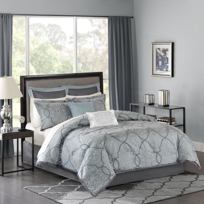 12 Pcs Comforter Set with Cotton Bed Sheets Blue Queen