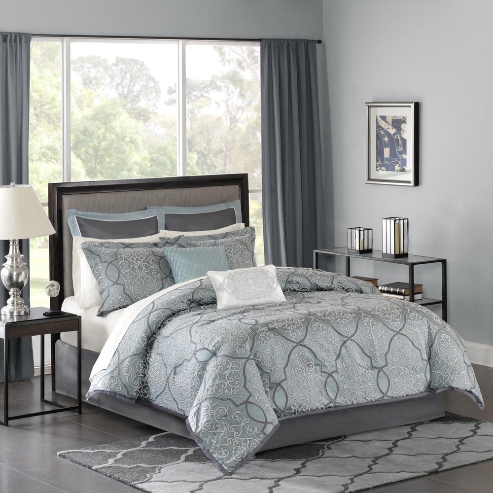 12 Pcs Comforter Set with Cotton Bed Sheets Blue Queen