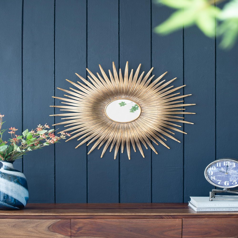 28.3" in Retro Design Gold Sunburst Metal Wall Mirror Decorative Mirror for a Bedroom, Dressing Room, Hallway or Living Space.