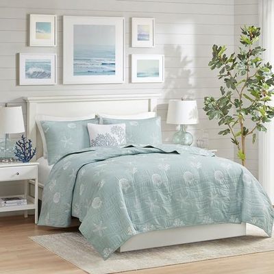 4 Pcs Cotton Reversible Embroidered Quilt Set with Throw Pillow Aqua King,Cal King