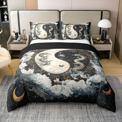 Erosebridal Tai Chi Bagua Dragon 100% Cotton Bedding Set Queen for Adults Boys Girls Traditional Chinese Pattern Duvet Cover Asian Oriental Theme Comforter Cover Mythical Animals Retro Cloudy Moon