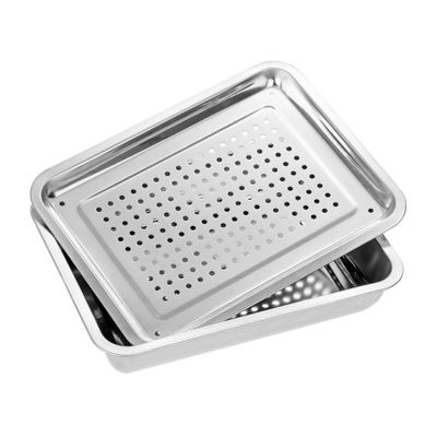 Stainless Steel Rectangular Drain Tray with Holes, Thickened Serving Plate