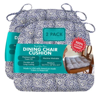 Barnett Home Decor Dining Chair Cushions with Ties, 16.5 x 18 Inches, Pack of 2 Machine Washable, Made with 100% Cotton and Plush Latex Foam Fill, Made in USA Tibet Blue
