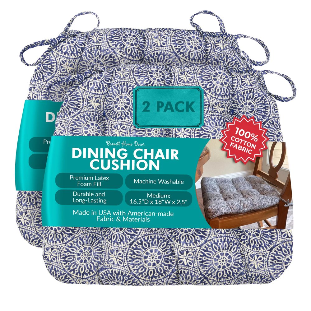 Barnett Home Decor Dining Chair Cushions with Ties, 16.5 x 18 Inches, Pack of 2 Machine Washable, Made with 100% Cotton and Plush Latex Foam Fill, Made in USA Tibet Blue