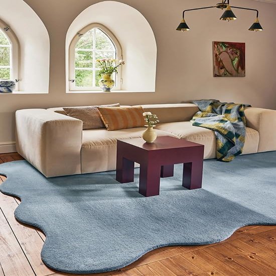 RUG BARN Hand-Tufted Wool Area Rug - 8x11 Ft, Solid Soft Blue Rug with Luxurious Scalloped Edges, Soft Plush Handmade Wool Carpet for Hallway, Living Room, Bedroom, Nursery & Modern Home Decor