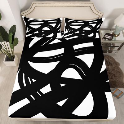 Abstract Stripe Patchwork Kids Fitted Sheet Full Size,Geometric Lines Artwork Modern Bedding Set,Girls Boys Room Decor,Geometric Waves Black White Chic Bed Sheet,2 Pillowcases(No Flat)