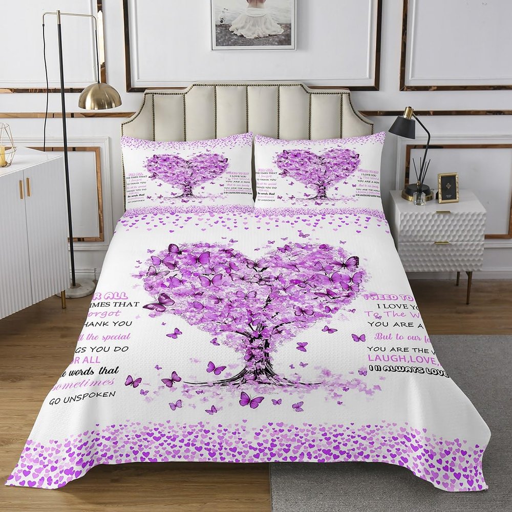 Women's Day Kids Bedspread King Size,Butterfly Love Heart Romantic Coverlet Set,Girls Women Room Decor,Inspirational Words Mother's Day Quilted Coverlet,Purple Bedding Quilt,2 Pillowcases