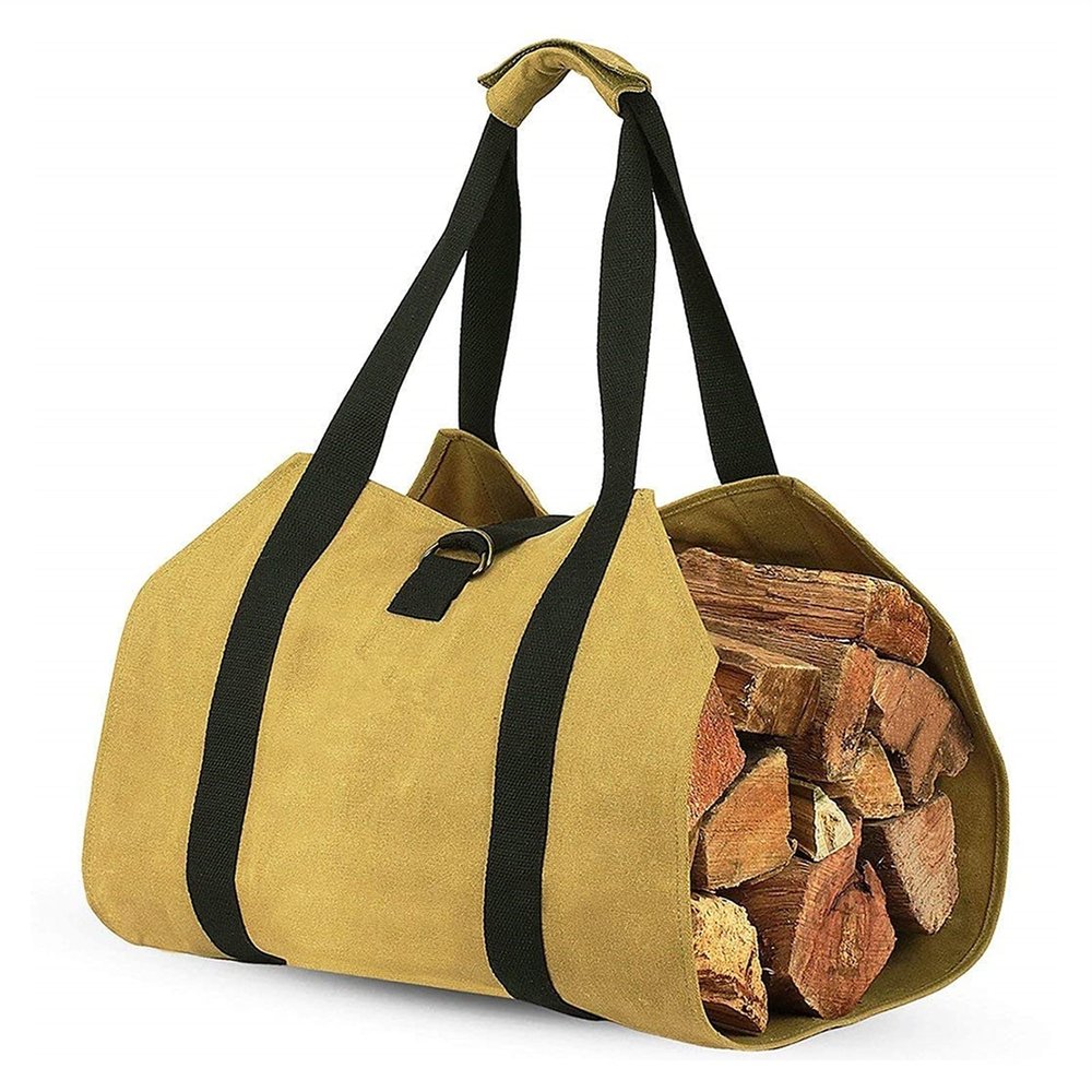Canvas Firewood Log Carrier Bag Extra Large Durable Tote with Handles, Perfect for Fireplace Stove Accessories and Camping Storage (A)