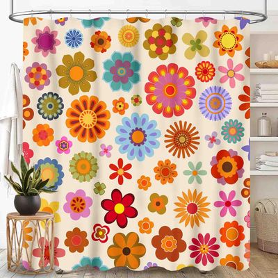 70s Shower Curtain, Vintage Retro Orange Daisy Floral Hippie Groovy Cute Flower Aesthetic Boho Funky Trippy Colorful Waterproof Fabric Bath Shower Curtain Set with Hooks, 72"x78" Inch