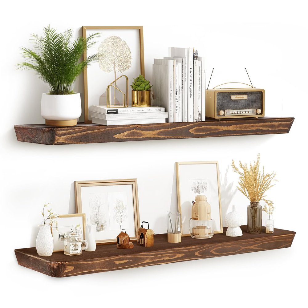 ABSWHLM 36"x6.8"x1.6" Slanted Floating Wall Shelves 2-Pack - Rustic Brown Finish, Heavy-Duty Solid Wood Design with Hidden Brackets - Perfect for Living Room, Kitchen, Bathroom, or Office