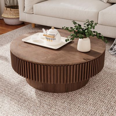 JURMALYN 31.5x31.5x14 Inch Round Coffee Table with Storage for Living Room, Modern Wooden Circle Center Table with Solid Wood Veneer, Walnut