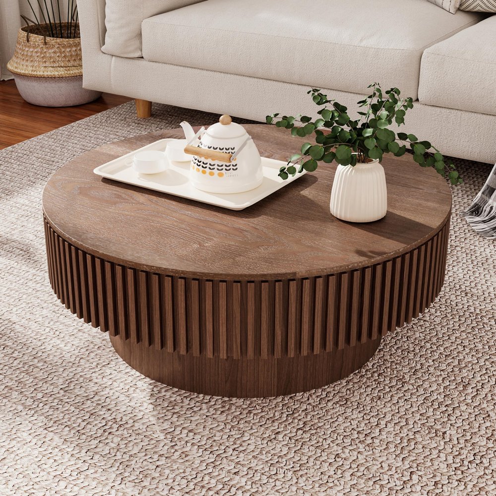 JURMALYN 31.5x31.5x14 Inch Round Coffee Table with Storage for Living Room, Modern Wooden Circle Center Table with Solid Wood Veneer, Walnut