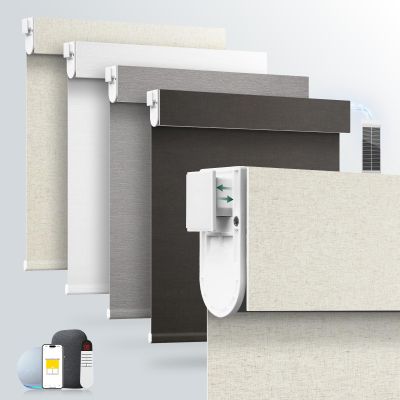 No-Drill No-Tools Motorized Roller BlindsSolar Panel Included with Remote Control 100% Blackout Grasscloth Fabric Smart Blinds Windows Cordless Compatible with Alexa Beige,27W48H