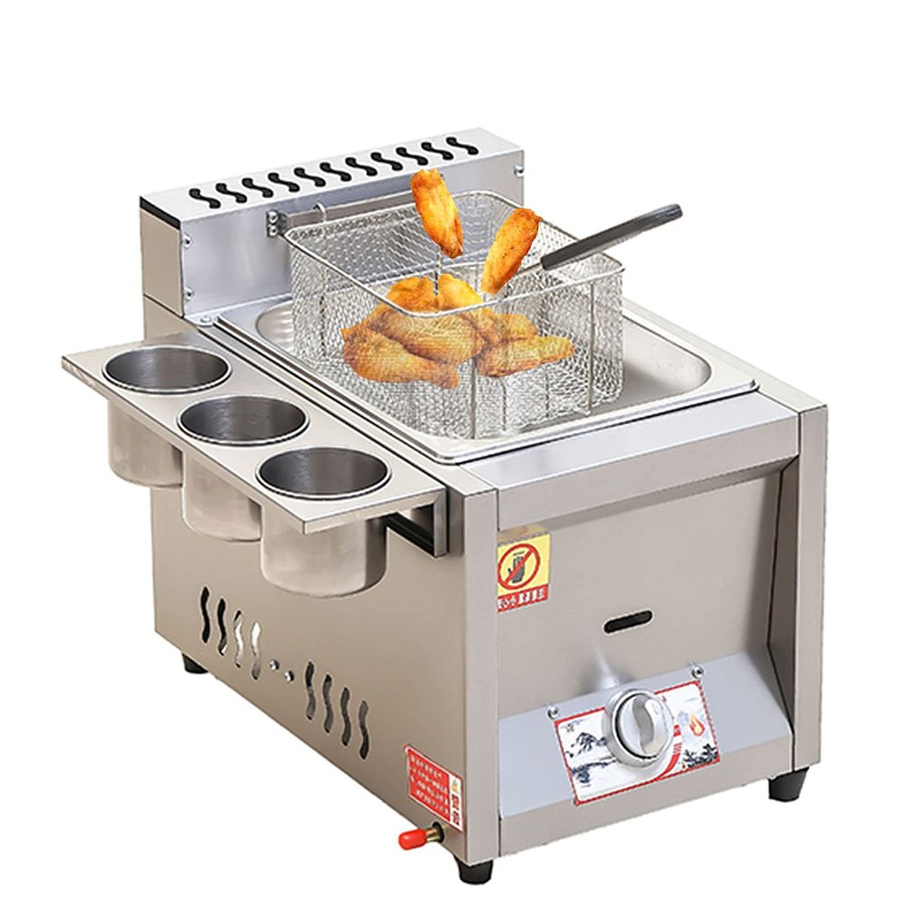 Deep Fat Fryer, Stainless Steel LPG Fat Fryer with Removable Basket, Freestanding Temperature Control, Natural Gas Single Tank, Includes Lid