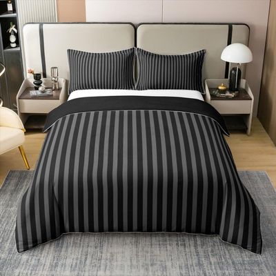 100% Nature Cotton Black Grey Stripes Duvet Cover Queen Size 3 Pcs Modern Simple Style Striped Bedding Set Room Decor Gifts Minimalism Theme Comforter Cover,Comforter Not Included