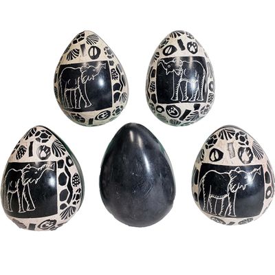 Stoneage Arts Decorative Natural Stone Eggs Multipack for Home Decor, Handcarved and Designed in Kenya. (Wildlife Wonders, Black Elephant)