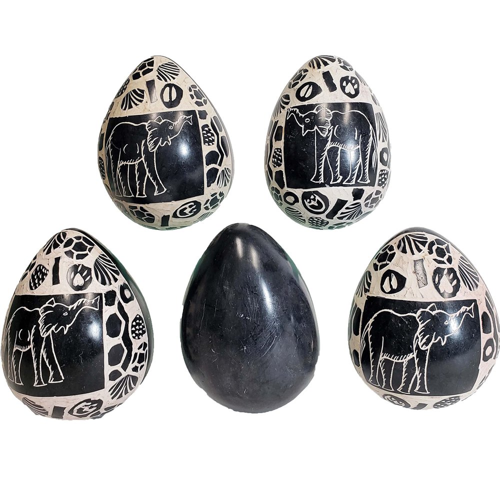 Stoneage Arts Decorative Natural Stone Eggs Multipack for Home Decor, Handcarved and Designed in Kenya. (Wildlife Wonders, Black Elephant)
