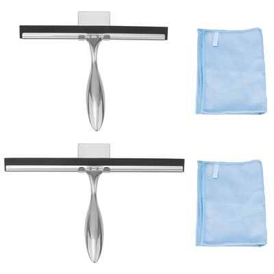 2-Pack Stainless Steel Shower & Window Squeegees with Microfiber Cloths and Wall Hook Holders, 10 & 12 Glass Cleaner for Bathrooms and Windows