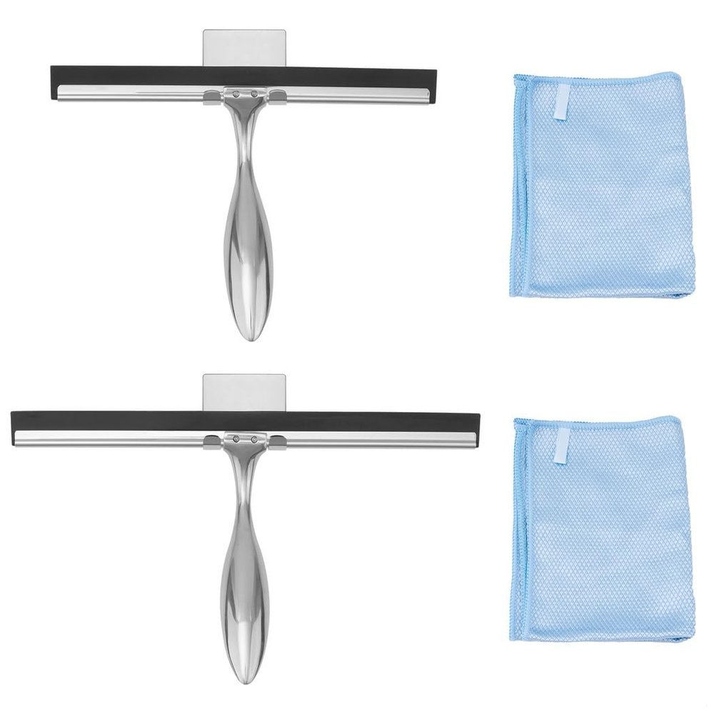 2-Pack Stainless Steel Shower & Window Squeegees with Microfiber Cloths and Wall Hook Holders, 10 & 12 Glass Cleaner for Bathrooms and Windows