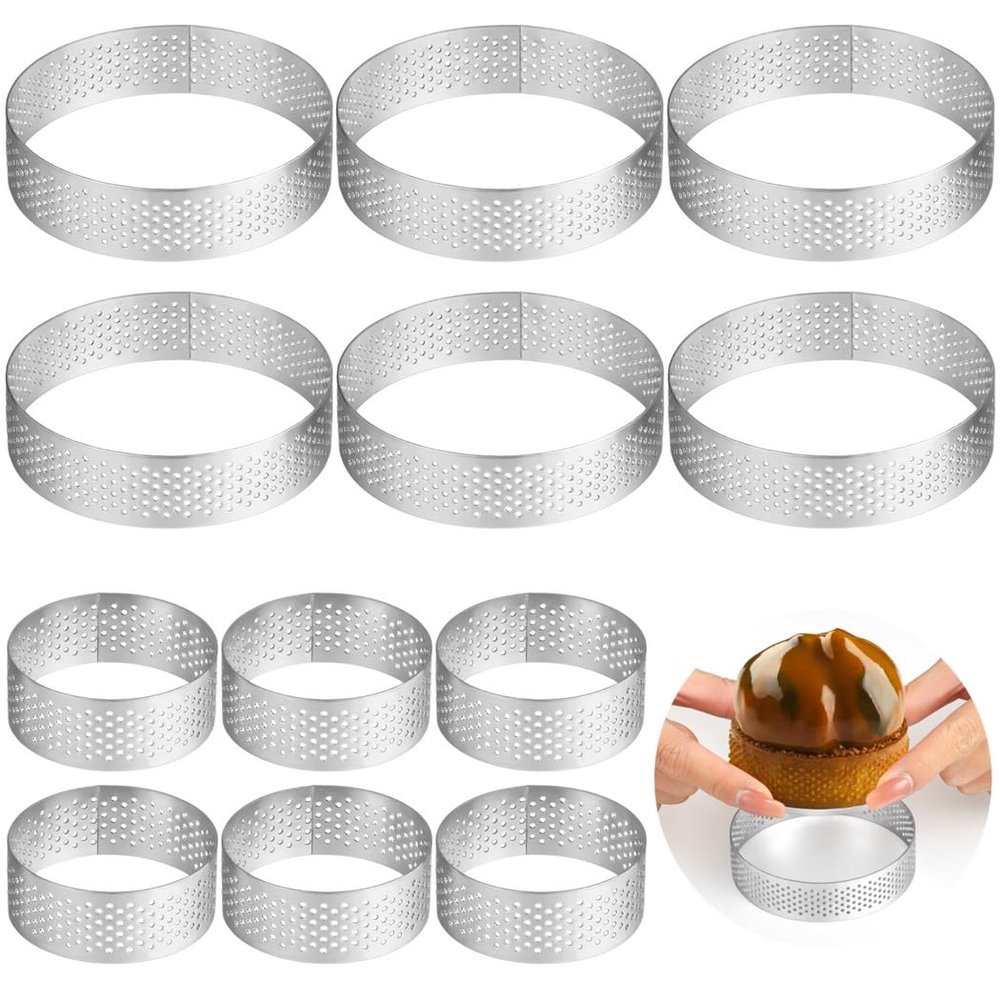 12 Pcs Stainless Steel Tart Rings Set, Includes 1.97 & 3.15 Mousse Rings, Perforated Cake Molds, Heat-Resistant Baking Tools For Pastries