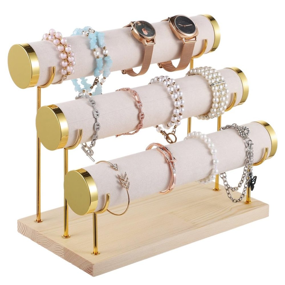 byepica 3-Tier Detachable Bracelet Stand with Velvet Finish, Wooden Base Jewelry Organizer for Bangles, Watches, Necklaces