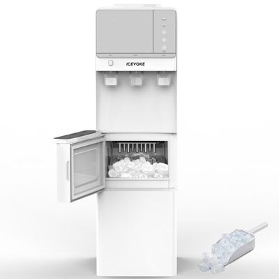 ICEVOKE 3-in-1 Top-Loading Water Dispenser with Ice Maker, Hot and Cold Water Cooler for 3 or 5 Gallon Bottle, Includes Child Safety Lock & Nightlight, Water and Ice Dispenser for Home, Office, White