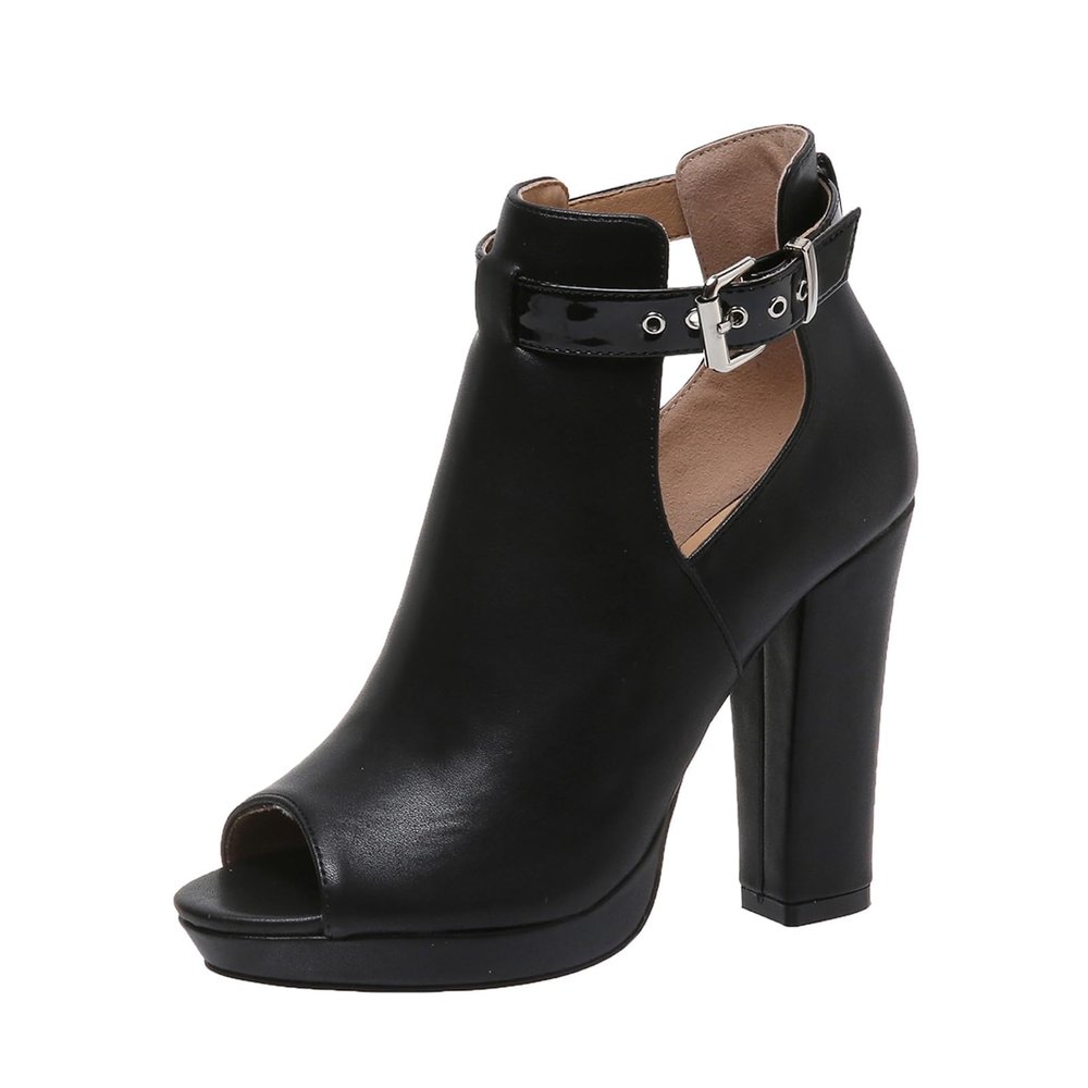 NIGXWNS Women's Peep Toe Booties Summer Cutout Ankle Boots Side Strap Buckle Black Heeled Shoes Chunky Block Heel Dressy Sandals for Women