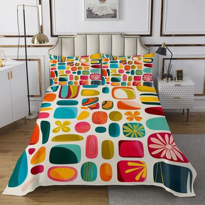 jejeloiu Geometric Shapes Bedspread King Size Kids Retro Abstract Coverlet Set Teens Multicolored Vintage Shapes Quilted Coverlet Soft Lightweight Room Decor