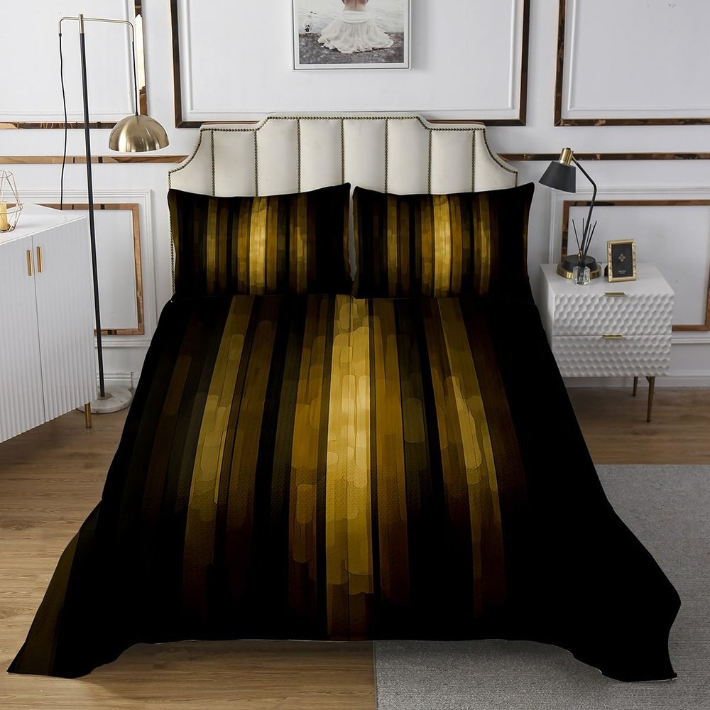 jejeloiu Black Yellow Stripes Bedspread Twin Size Kids Gradient Striped Coverlet Set Teens Modern Neon Abstract Art Quilted Coverlet Soft Lightweight Room Decor