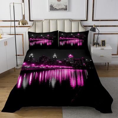jejeloiu Golden Gate Bridge Bedspread Queen Size Kids Nightscape Coverlet Set Teens City Scenery Quilted Coverlet Breathable Soft Lightweight Black Purple Room Decor