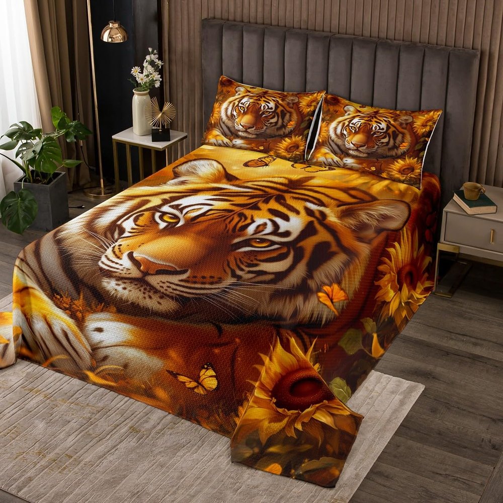 jejeloiu Tiger Sunflower Bedspread Twin Size Kids Wild Animal Coverlet Set for Boys Girls Teens Wildlife Butterfly Quilted Coverlet Breathable Safari Cat Print Bedroom Decor